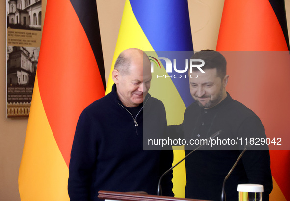 In Kyiv, Ukraine, on December 2, 2024, President of Ukraine Volodymyr Zelenskyy and Federal Chancellor of Germany Olaf Scholz hold a joint b...