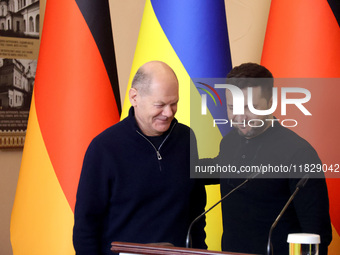 In Kyiv, Ukraine, on December 2, 2024, President of Ukraine Volodymyr Zelenskyy and Federal Chancellor of Germany Olaf Scholz hold a joint b...