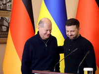 In Kyiv, Ukraine, on December 2, 2024, President of Ukraine Volodymyr Zelenskyy and Federal Chancellor of Germany Olaf Scholz hold a joint b...