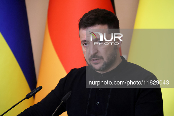 President of Ukraine Volodymyr Zelenskyy attends a joint briefing with Federal Chancellor of Germany Olaf Scholz in Kyiv, Ukraine, on Decemb...