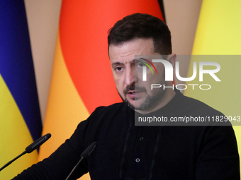 President of Ukraine Volodymyr Zelenskyy attends a joint briefing with Federal Chancellor of Germany Olaf Scholz in Kyiv, Ukraine, on Decemb...