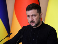 President of Ukraine Volodymyr Zelenskyy attends a joint briefing with Federal Chancellor of Germany Olaf Scholz in Kyiv, Ukraine, on Decemb...