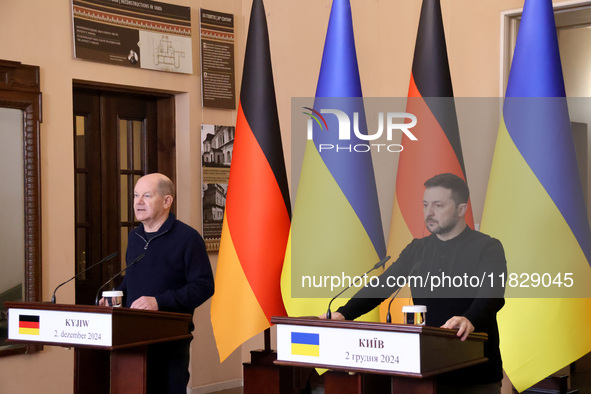 In Kyiv, Ukraine, on December 2, 2024, President of Ukraine Volodymyr Zelenskyy and Federal Chancellor of Germany Olaf Scholz hold a joint b...