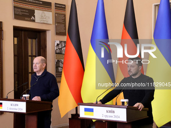 In Kyiv, Ukraine, on December 2, 2024, President of Ukraine Volodymyr Zelenskyy and Federal Chancellor of Germany Olaf Scholz hold a joint b...