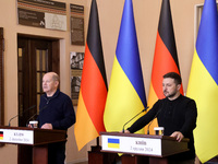 In Kyiv, Ukraine, on December 2, 2024, President of Ukraine Volodymyr Zelenskyy and Federal Chancellor of Germany Olaf Scholz hold a joint b...