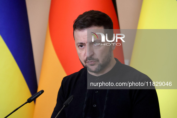 President of Ukraine Volodymyr Zelenskyy attends a joint briefing with Federal Chancellor of Germany Olaf Scholz in Kyiv, Ukraine, on Decemb...