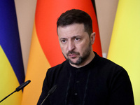 President of Ukraine Volodymyr Zelenskyy attends a joint briefing with Federal Chancellor of Germany Olaf Scholz in Kyiv, Ukraine, on Decemb...