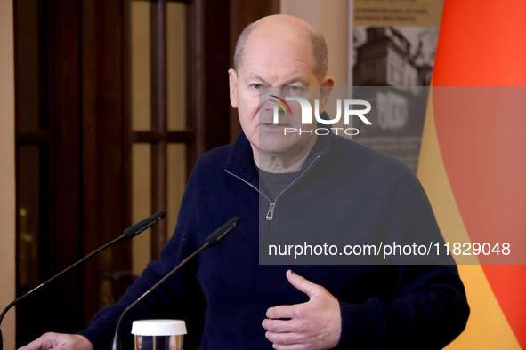 Federal Chancellor of Germany Olaf Scholz attends a joint briefing with President of Ukraine Volodymyr Zelenskyy in Kyiv, Ukraine, on Decemb...