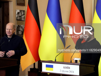 In Kyiv, Ukraine, on December 2, 2024, President of Ukraine Volodymyr Zelenskyy and Federal Chancellor of Germany Olaf Scholz hold a joint b...