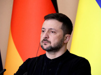 President of Ukraine Volodymyr Zelenskyy attends a joint briefing with Federal Chancellor of Germany Olaf Scholz in Kyiv, Ukraine, on Decemb...