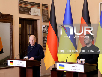 In Kyiv, Ukraine, on December 2, 2024, President of Ukraine Volodymyr Zelenskyy and Federal Chancellor of Germany Olaf Scholz hold a joint b...