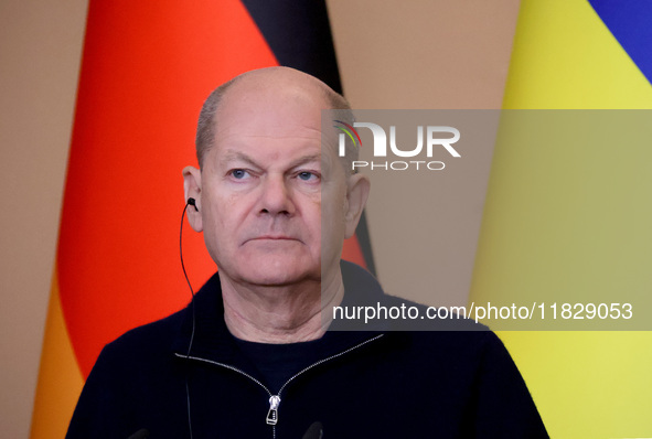 Federal Chancellor of Germany Olaf Scholz attends a joint briefing with President of Ukraine Volodymyr Zelenskyy in Kyiv, Ukraine, on Decemb...