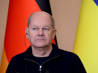 Federal Chancellor of Germany Olaf Scholz attends a joint briefing with President of Ukraine Volodymyr Zelenskyy in Kyiv, Ukraine, on Decemb...