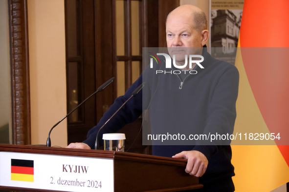 Federal Chancellor of Germany Olaf Scholz attends a joint briefing with President of Ukraine Volodymyr Zelenskyy in Kyiv, Ukraine, on Decemb...