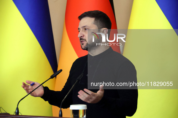 President of Ukraine Volodymyr Zelenskyy attends a joint briefing with Federal Chancellor of Germany Olaf Scholz in Kyiv, Ukraine, on Decemb...