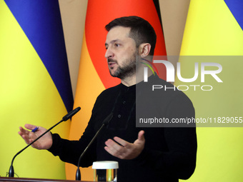 President of Ukraine Volodymyr Zelenskyy attends a joint briefing with Federal Chancellor of Germany Olaf Scholz in Kyiv, Ukraine, on Decemb...