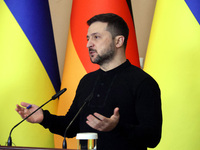 President of Ukraine Volodymyr Zelenskyy attends a joint briefing with Federal Chancellor of Germany Olaf Scholz in Kyiv, Ukraine, on Decemb...