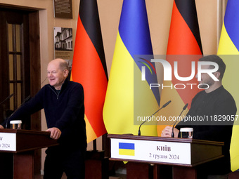 In Kyiv, Ukraine, on December 2, 2024, President of Ukraine Volodymyr Zelenskyy and Federal Chancellor of Germany Olaf Scholz hold a joint b...