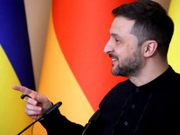 President of Ukraine Volodymyr Zelenskyy attends a joint briefing with Federal Chancellor of Germany Olaf Scholz in Kyiv, Ukraine, on Decemb...