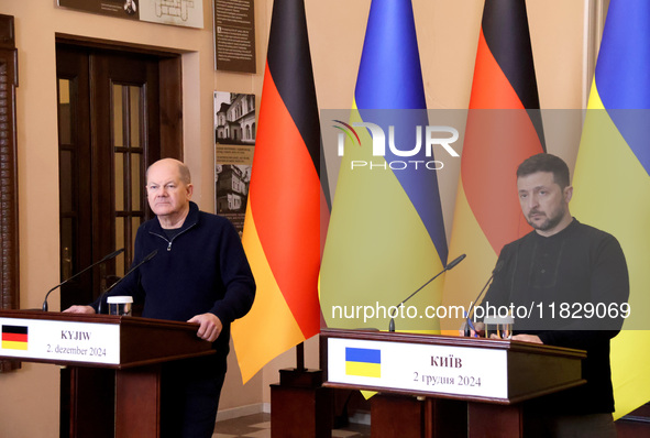 In Kyiv, Ukraine, on December 2, 2024, President of Ukraine Volodymyr Zelenskyy and Federal Chancellor of Germany Olaf Scholz hold a joint b...