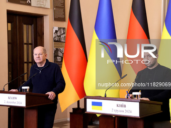 In Kyiv, Ukraine, on December 2, 2024, President of Ukraine Volodymyr Zelenskyy and Federal Chancellor of Germany Olaf Scholz hold a joint b...