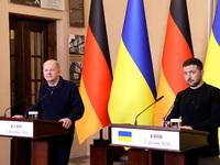 In Kyiv, Ukraine, on December 2, 2024, President of Ukraine Volodymyr Zelenskyy and Federal Chancellor of Germany Olaf Scholz hold a joint b...