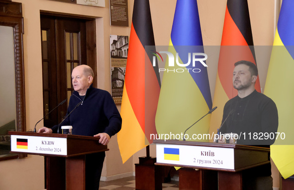 In Kyiv, Ukraine, on December 2, 2024, President of Ukraine Volodymyr Zelenskyy and Federal Chancellor of Germany Olaf Scholz hold a joint b...