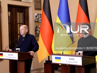 In Kyiv, Ukraine, on December 2, 2024, President of Ukraine Volodymyr Zelenskyy and Federal Chancellor of Germany Olaf Scholz hold a joint b...