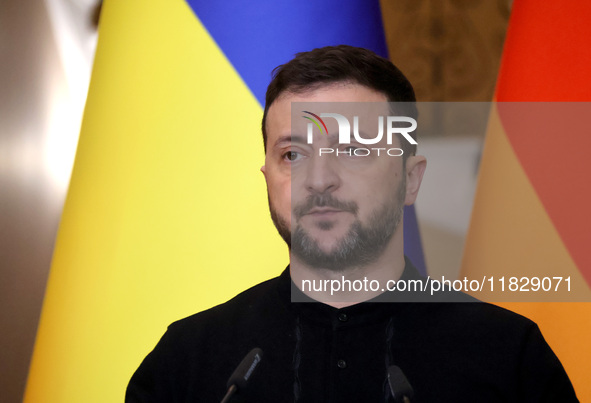 President of Ukraine Volodymyr Zelenskyy attends a joint briefing with Federal Chancellor of Germany Olaf Scholz in Kyiv, Ukraine, on Decemb...