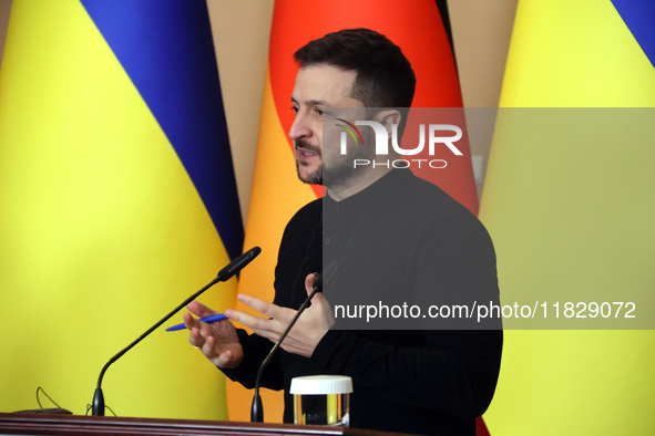 President of Ukraine Volodymyr Zelenskyy attends a joint briefing with Federal Chancellor of Germany Olaf Scholz in Kyiv, Ukraine, on Decemb...