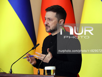 President of Ukraine Volodymyr Zelenskyy attends a joint briefing with Federal Chancellor of Germany Olaf Scholz in Kyiv, Ukraine, on Decemb...