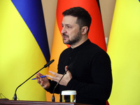 President of Ukraine Volodymyr Zelenskyy attends a joint briefing with Federal Chancellor of Germany Olaf Scholz in Kyiv, Ukraine, on Decemb...