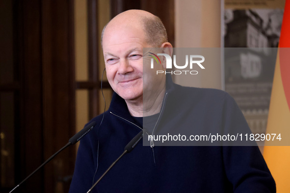 Federal Chancellor of Germany Olaf Scholz attends a joint briefing with President of Ukraine Volodymyr Zelenskyy in Kyiv, Ukraine, on Decemb...