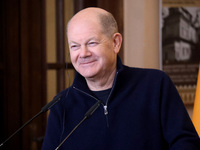 Federal Chancellor of Germany Olaf Scholz attends a joint briefing with President of Ukraine Volodymyr Zelenskyy in Kyiv, Ukraine, on Decemb...