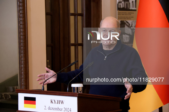 Federal Chancellor of Germany Olaf Scholz attends a joint briefing with President of Ukraine Volodymyr Zelenskyy in Kyiv, Ukraine, on Decemb...