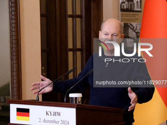 Federal Chancellor of Germany Olaf Scholz attends a joint briefing with President of Ukraine Volodymyr Zelenskyy in Kyiv, Ukraine, on Decemb...