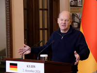 Federal Chancellor of Germany Olaf Scholz attends a joint briefing with President of Ukraine Volodymyr Zelenskyy in Kyiv, Ukraine, on Decemb...