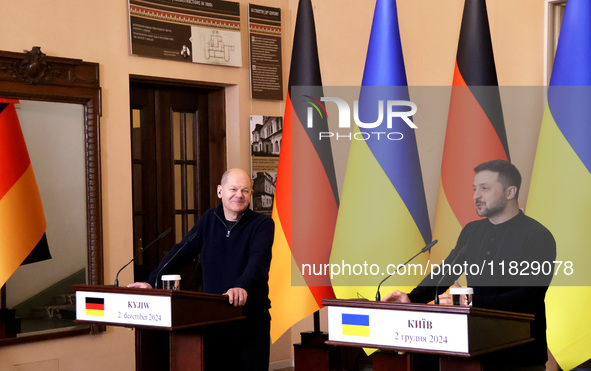 In Kyiv, Ukraine, on December 2, 2024, President of Ukraine Volodymyr Zelenskyy and Federal Chancellor of Germany Olaf Scholz hold a joint b...