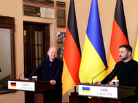 In Kyiv, Ukraine, on December 2, 2024, President of Ukraine Volodymyr Zelenskyy and Federal Chancellor of Germany Olaf Scholz hold a joint b...