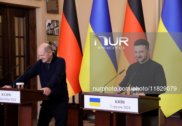 In Kyiv, Ukraine, on December 2, 2024, President of Ukraine Volodymyr Zelenskyy and Federal Chancellor of Germany Olaf Scholz hold a joint b...