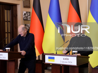 In Kyiv, Ukraine, on December 2, 2024, President of Ukraine Volodymyr Zelenskyy and Federal Chancellor of Germany Olaf Scholz hold a joint b...