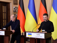 In Kyiv, Ukraine, on December 2, 2024, President of Ukraine Volodymyr Zelenskyy and Federal Chancellor of Germany Olaf Scholz hold a joint b...