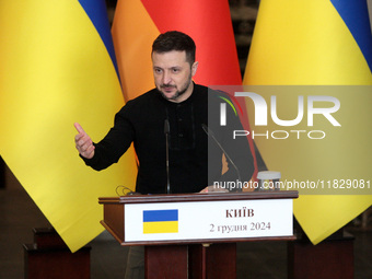 President of Ukraine Volodymyr Zelenskyy attends a joint briefing with Federal Chancellor of Germany Olaf Scholz in Kyiv, Ukraine, on Decemb...