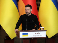 President of Ukraine Volodymyr Zelenskyy attends a joint briefing with Federal Chancellor of Germany Olaf Scholz in Kyiv, Ukraine, on Decemb...