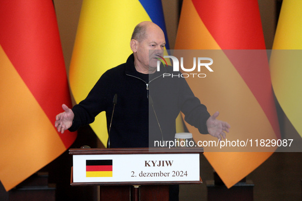 Federal Chancellor of Germany Olaf Scholz attends a joint briefing with President of Ukraine Volodymyr Zelenskyy in Kyiv, Ukraine, on Decemb...