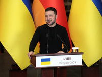 President of Ukraine Volodymyr Zelenskyy attends a joint briefing with Federal Chancellor of Germany Olaf Scholz in Kyiv, Ukraine, on Decemb...