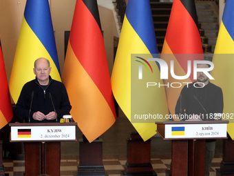 In Kyiv, Ukraine, on December 2, 2024, President of Ukraine Volodymyr Zelenskyy and Federal Chancellor of Germany Olaf Scholz hold a joint b...