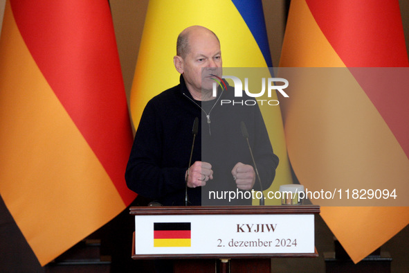 Federal Chancellor of Germany Olaf Scholz attends a joint briefing with President of Ukraine Volodymyr Zelenskyy in Kyiv, Ukraine, on Decemb...