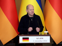 Federal Chancellor of Germany Olaf Scholz attends a joint briefing with President of Ukraine Volodymyr Zelenskyy in Kyiv, Ukraine, on Decemb...