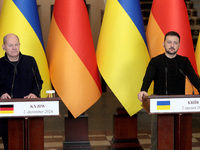 In Kyiv, Ukraine, on December 2, 2024, President of Ukraine Volodymyr Zelenskyy and Federal Chancellor of Germany Olaf Scholz hold a joint b...